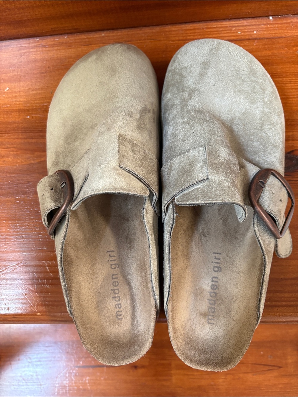 Madden Girl Taupe Suede Slip-On Clogs with Buckle